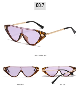 Detailed views of leopard cat eye sunglasses with purple lenses and gold metal temples