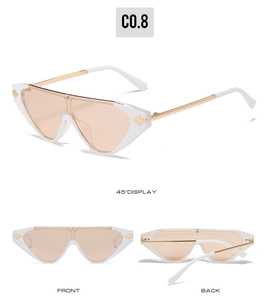 Three-angle view of fashion cat-eye sunglasses with white frame and pink tinted lenses