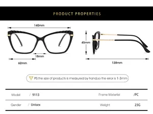 Size chart for TR90 cat-eye anti-blue light glasses showing 140mm frame width and 23g weight