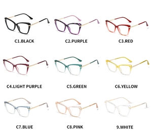 Cat-eye TR90 frames with metal temples shown in nine gradient color variations