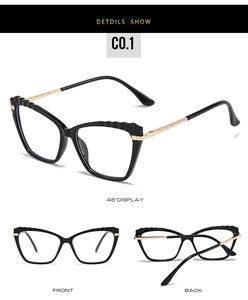 Three-view display of cat-eye TR90 glasses frames with gold metal details and black finish