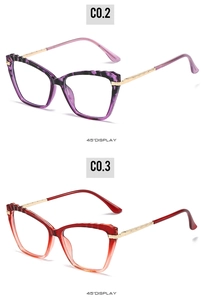 Detail view of cat eye TR90 glasses frames in purple tortoiseshell and red gradient