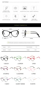 Detailed size chart and specifications for cat eye anti-blue light fashion glasses