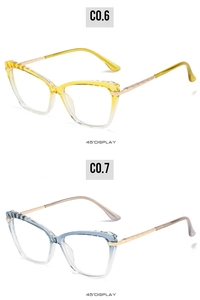 Cat eye glasses in blue and yellow gradient colors with metal temples shown at a 45-degree angle