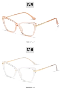 Detailed 45-degree side view of TR90 cat-eye frames in pink and clear with gold metal temples