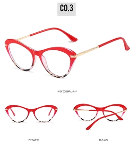 Detailed views of cat-eye frames with red and tortoise pattern and gold metal temples