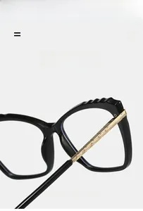Detail of TR90 cat-eye glasses showing golden metal temples with geometric texture