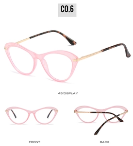 Three-view display of pink cat eye anti-blue light glasses with gold metal temples