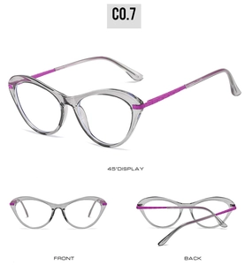 Cat eye glasses frames in transparent grey and purple from multiple viewing angles