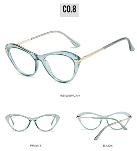 Three views of small cat eye glasses with light green frames and golden metal temples