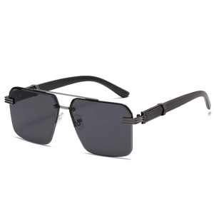 Lunettes De Soleil Carrées Sans Monture Double Pont En Métal Branches Grain De Bois Protection UV400 Mode Rétro Pour Hommes Et Femmes