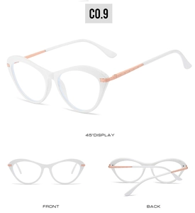Detailed views of cat eye glasses with white frames and rose gold metal temples