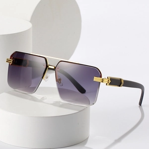 Lunettes de soleil carrées sans monture avec verres dégradés violets et branches en bois