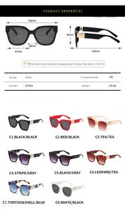 Tabla de tallas y medidas de gafas de sol cuadradas grandes con montura de PC para mujer