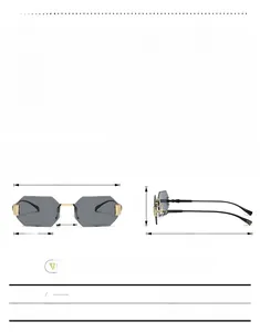Detail view of rimless octagonal sunglasses with metal frame and UV400 lens dimensions