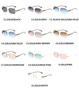 Detail view of octagon rimless sunglasses featuring ten assorted lens colors and gold temples