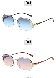 Detail view of rimless octagonal sunglasses with gradient blue and purple lenses