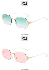 Detail of octagonal rimless sunglasses with gradient lenses and golden metal joints