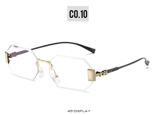 Detail view of octagon rimless glasses with gold metal bridge and engraved hinges