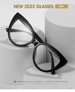 Detail of black cat-eye TR90 frames with anti-blue light lenses on white podiums