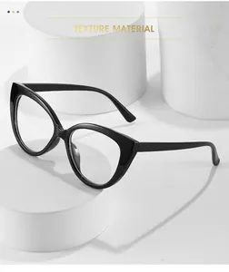 Close-up of gloss black cat-eye glasses frame on white geometric display stand
