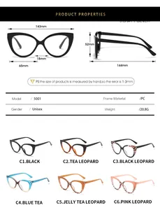 Size chart and specifications for vintage cat-eye TR90 anti-blue light glasses frames