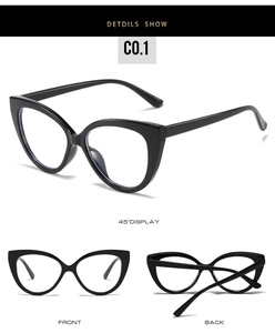 Three-angle display of black cat eye TR90 glasses frames with anti-blue light lenses