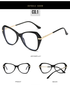 Detailed views of butterfly cat-eye glasses frame with black TR90 and gold metal temples
