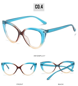 Three-view layout of tr90 cat eye glasses frames with blue and brown gradient finish