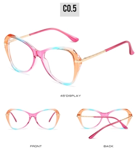 Detailed multi-angle views of TR90 cat-eye frames with pink-blue gradient finish