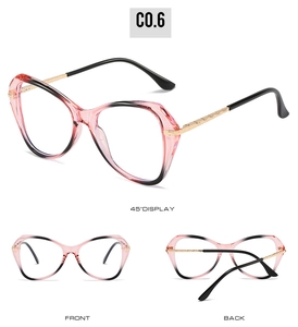 Three-angle display of cat eye TR90 glasses frames with pink black gradient finish
