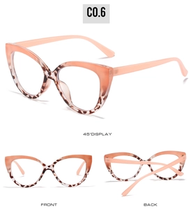 Three-way view of cat-eye TR90 frames with peach top and tortoiseshell bottom finish