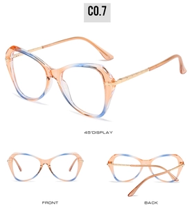 Detailed views of TR90 cat eye glasses frames with orange and blue gradient finish