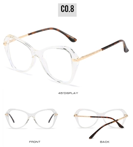 Detail view of transparent cat eye frames with gold and tortoise shell temple arms
