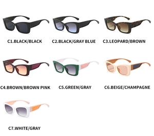 Multiple stylish cat eye sunglasses in various colors with textured temples in a grid layout
