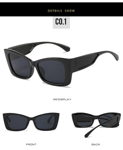 Three-angle view of black cat-eye sunglasses with wide temples and dark lenses