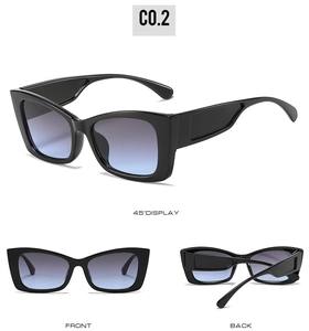 Multiple views of cat-eye sunglasses with black frames and purple gradient lenses