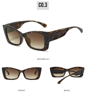 Three-view display of cat-eye sunglasses with tortoiseshell frames and gradient lenses