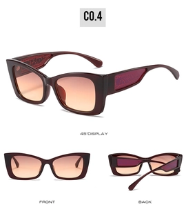 Detailed views of red cat-eye sunglasses with gradient lenses and textured temples