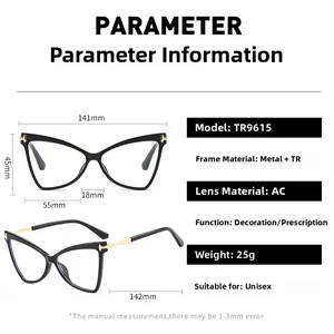 Specifiche dettagliate delle dimensioni per montatura occhiali cat-eye in TR90 e metallo