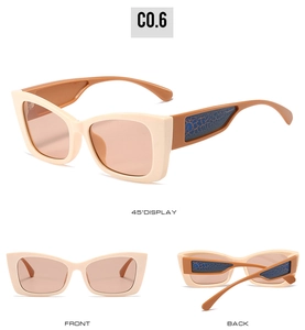 Three views of beige cat eye sunglasses featuring unique blue marble pattern temples