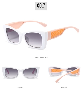 Three perspectives of cat eye sunglasses showing white frames and pink textured temples