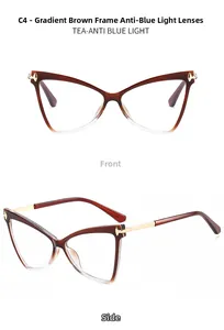 Vista frontale e laterale della montatura TR90 cat-eye con lenti anti-luce blu tè