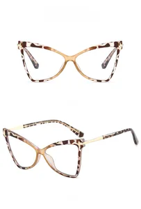 Dettaglio montatura cat-eye tartarugata con aste in metallo dorato e lenti anti-luce blu