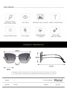 Detailed size chart for rimless cat-eye sunglasses with metal frame and diamond accents