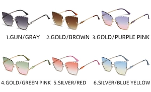 Six colors of rimless cat-eye sunglasses with wave-edge lenses and jewel embellishments