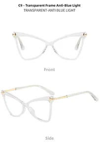 Dettaglio occhiali cat-eye trasparenti in TR90 con stanghette in metallo e filtro luce blu