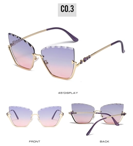 Detailed multi-view of gold cat-eye sunglasses with purple gradient scalloped lenses