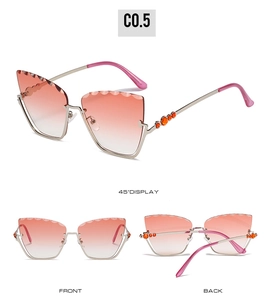 Three-way display of cat-eye sunglasses with pink gradient lenses and metal frames