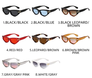 Détail de lunettes de soleil œil-de-chat montrant 8 couleurs tendance et charnières métal